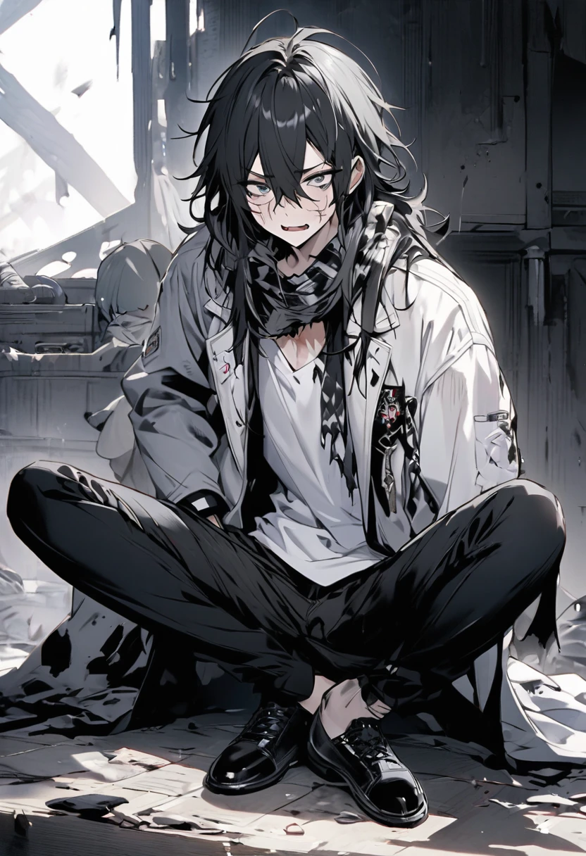 - **Gender**: Male
#### Appearance
- **Hair**: Black
- **Scarf**: Ragged, worn around the neck, possibly torn at the edges
- **Clothing**:
- **Top**: Black and white jacket over a black and white shirt with a design
- **Bottom**: Black pants and Black Shoes
- **Distinguishing Feature**: A prominent scar on the face