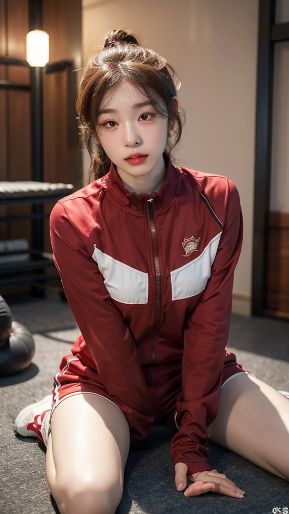 Highly detailed CG Unity 8K wallpapers,top Quority,Super detailed,tmasterpiece,realisticlying,photograph realistic,Very detailed cute girl,25 age old,musculature,Microabs,Round eyes,peeping at the viewer,Be red in the face,parted lip,Half-body shooting,
track suit , gym room,