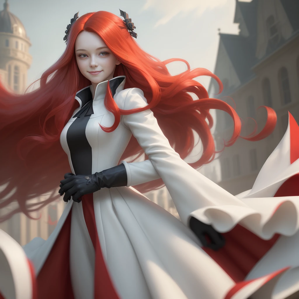 ((masterpiece,best quality)),8k wallpaper,1girl, long hair, red hair, solo, dress, red eyes, looking at viewer, long sleeves, standing, building, white dress, gloves, hair ornament, black jacket, smile, floating hair, dutch angle, closed mouth, looking away, outdoors