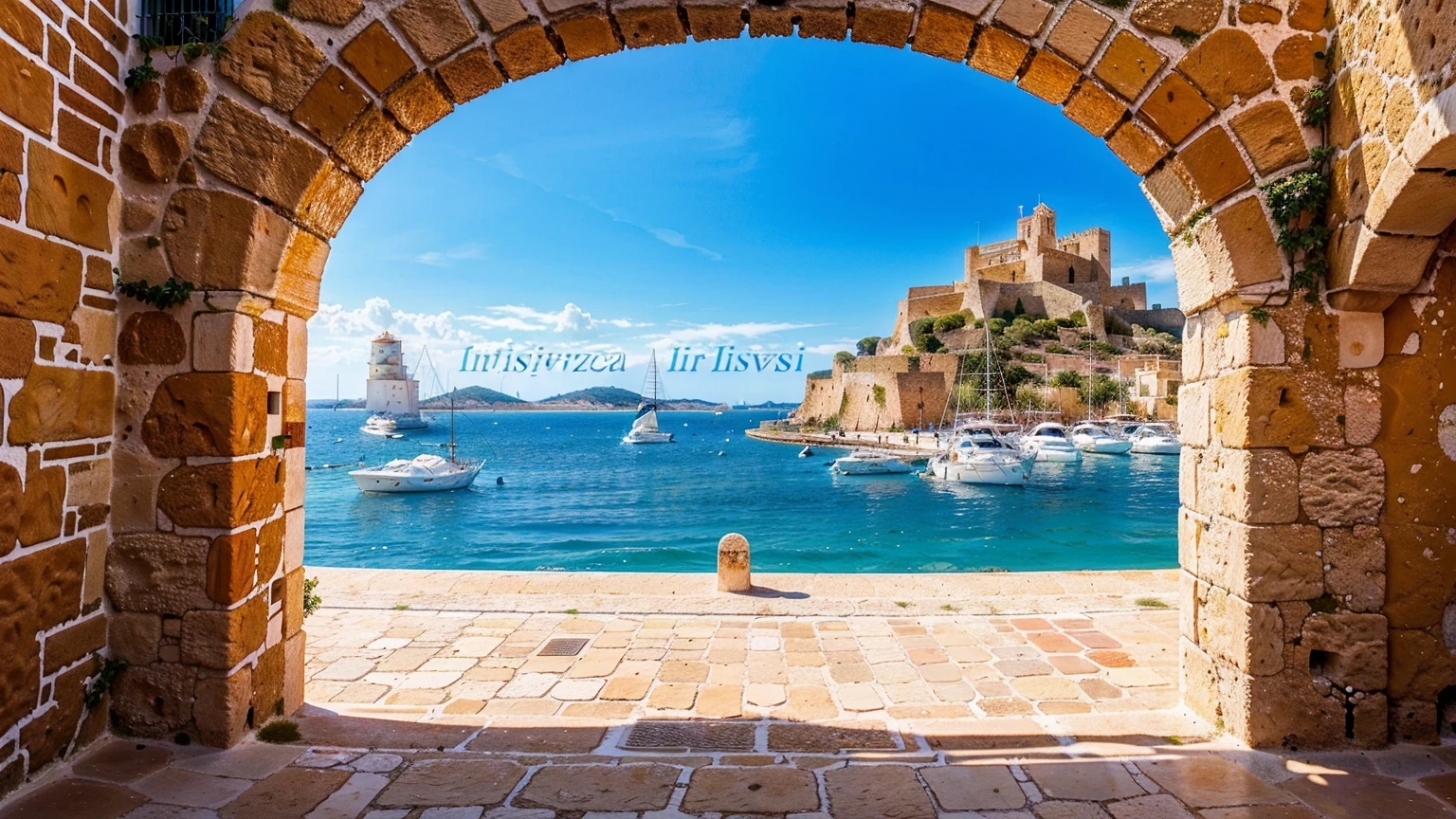 (Castell de Eivissa in Ibiza, Spain, background with water, yachts, boats, detailed architecture, people, vibrant atmosphere), 