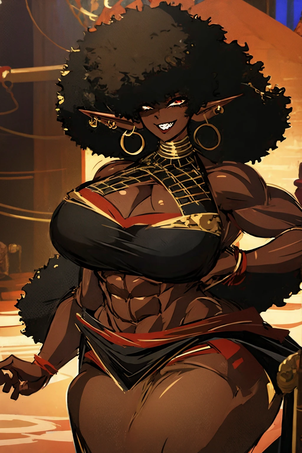 (masterpiece, best quality:1.2),1 girl, voluptuous body, full body, masterpiece, dominant pose, good anatomy, no extra limbs, big ass, thick thighs, black hair, voluminous afro, pointy ears, gold earrings, black top with red details, black skirt with red details, gold necklaces hair covering eyes no eyes