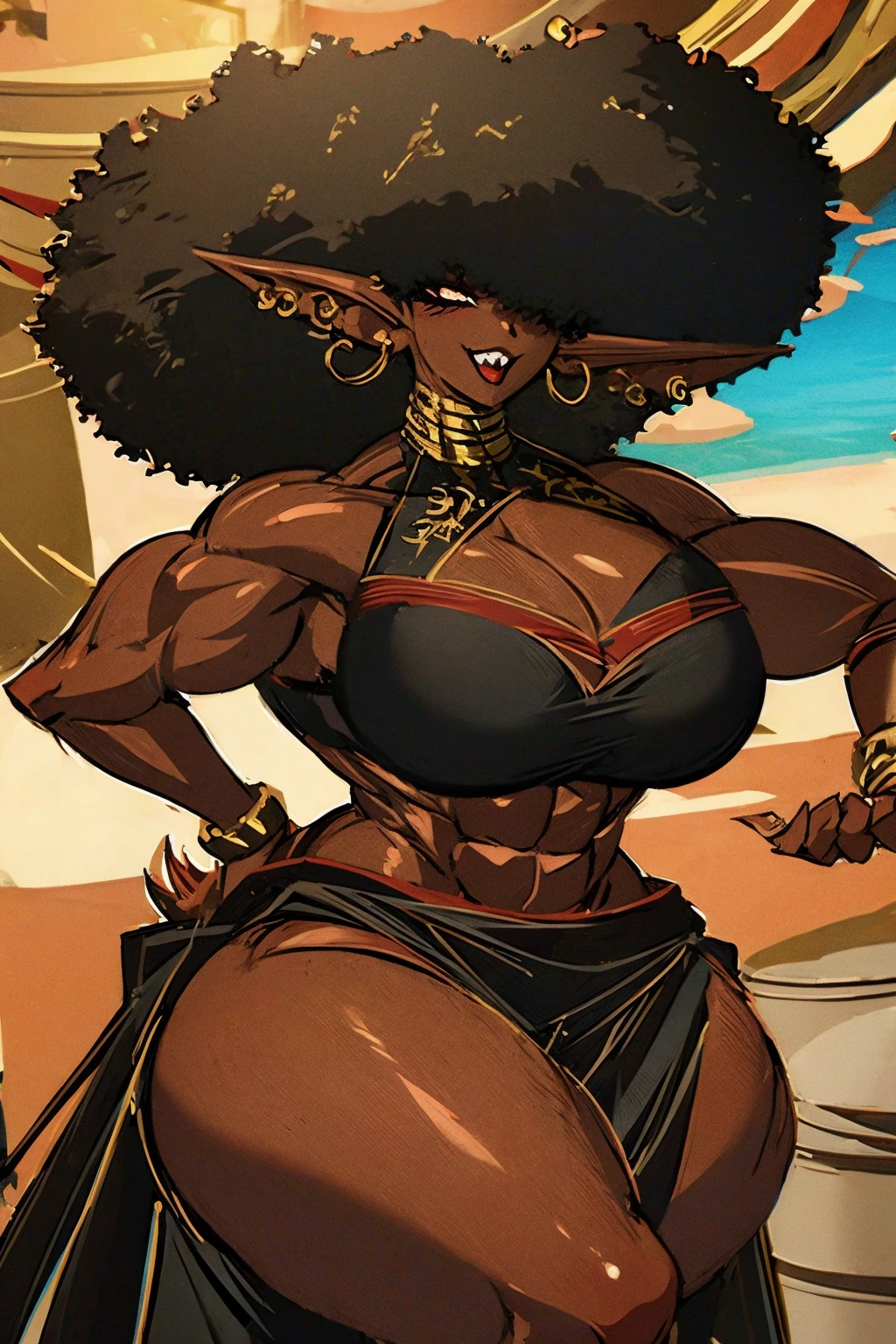 (masterpiece, best quality:1.2),1 girl, voluptuous body, full body, masterpiece, dominant pose, good anatomy, no extra limbs, big ass, thick thighs, black hair, voluminous afro, pointy ears, gold earrings, black top with red details, black skirt with red details, gold necklaces hair covering eyes no eyes