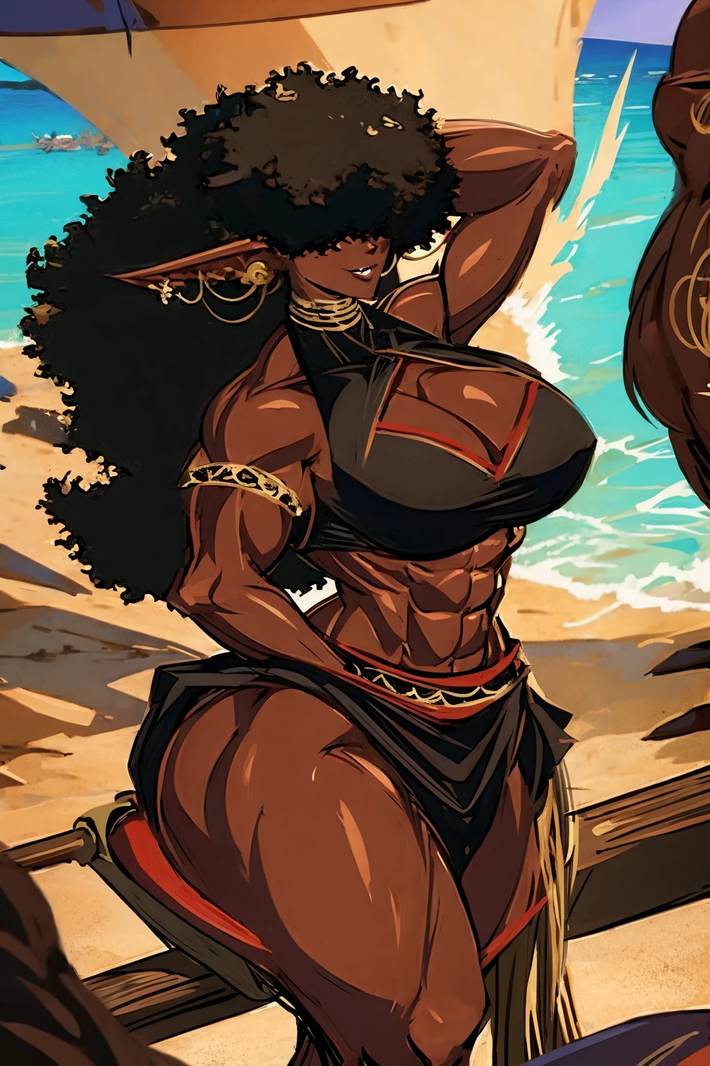 (masterpiece, best quality:1.2),1 girl, voluptuous body, full body, masterpiece, dominant pose, good anatomy, no extra limbs, big ass, thick thighs, black hair, voluminous afro, pointy ears, gold earrings, black top with red details, black skirt with red details, gold necklaces hair covering eyes no eyes