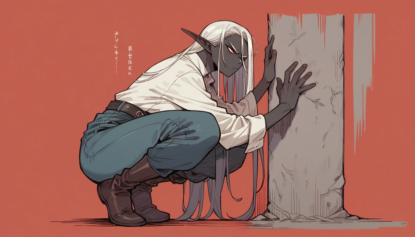 Full body image, Black skin elf female and elf male, shining red, street clothing, Black and red background, serious face, against on wall, manhwa manga style hand drawing, Japanese writing on the edges, written Shangri-La