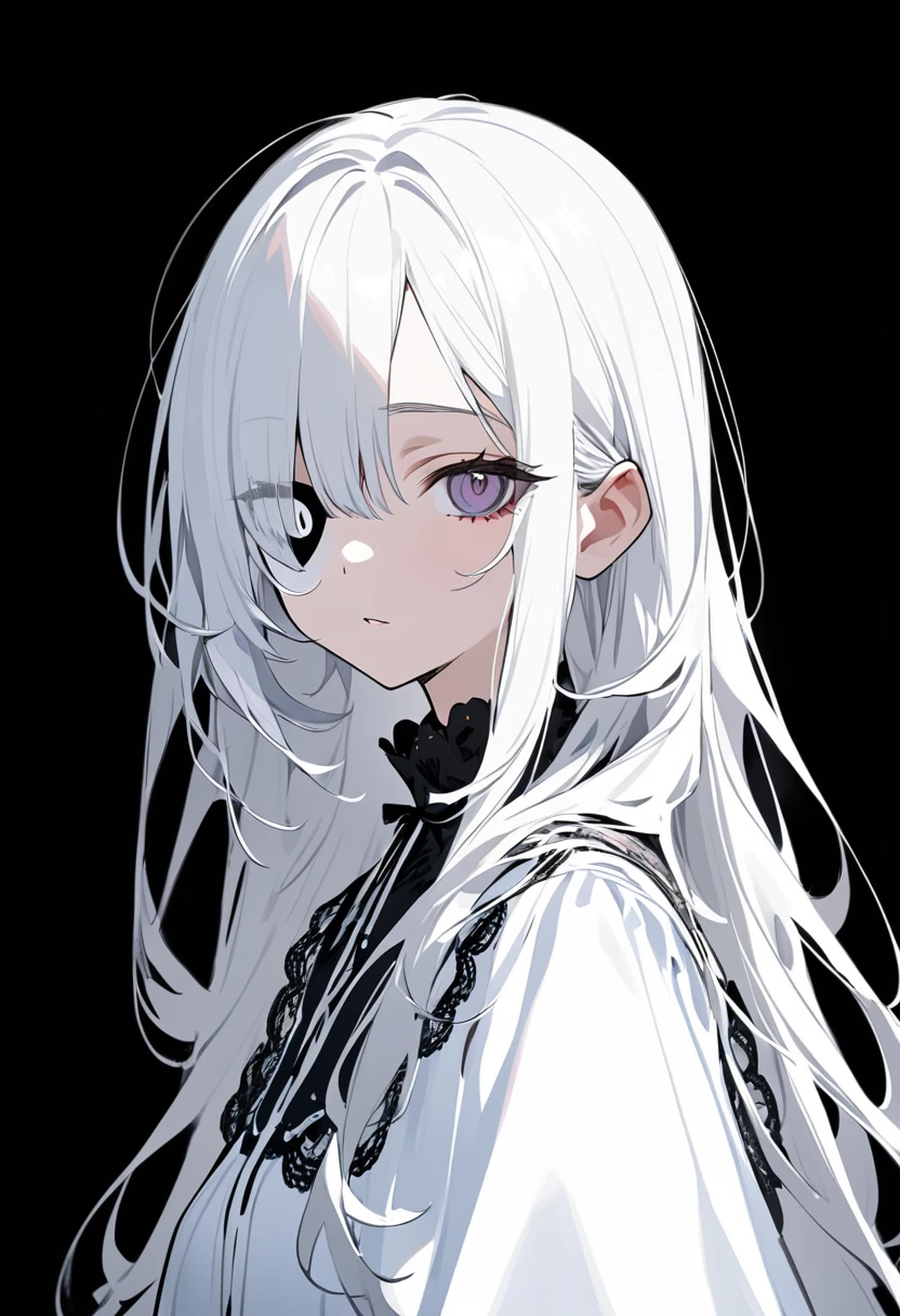 Anime girl with dull dead black eyes and short white hair with bangs and a single black rose accessory in her hair, large bust and black sweatshirt with a black and pale skin top