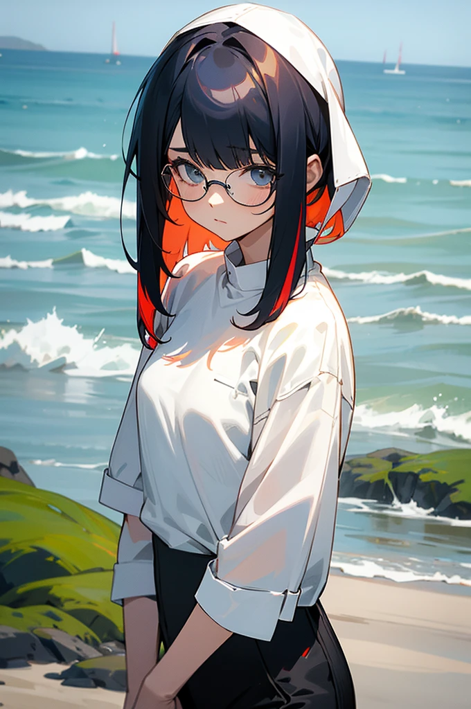 multi-color haired, two toned hair, young female, water in the background, surrounded by grass, beach background, white shirt, bangs covering head, medium length hair, black pants, one female, lean build, glasses, upper body