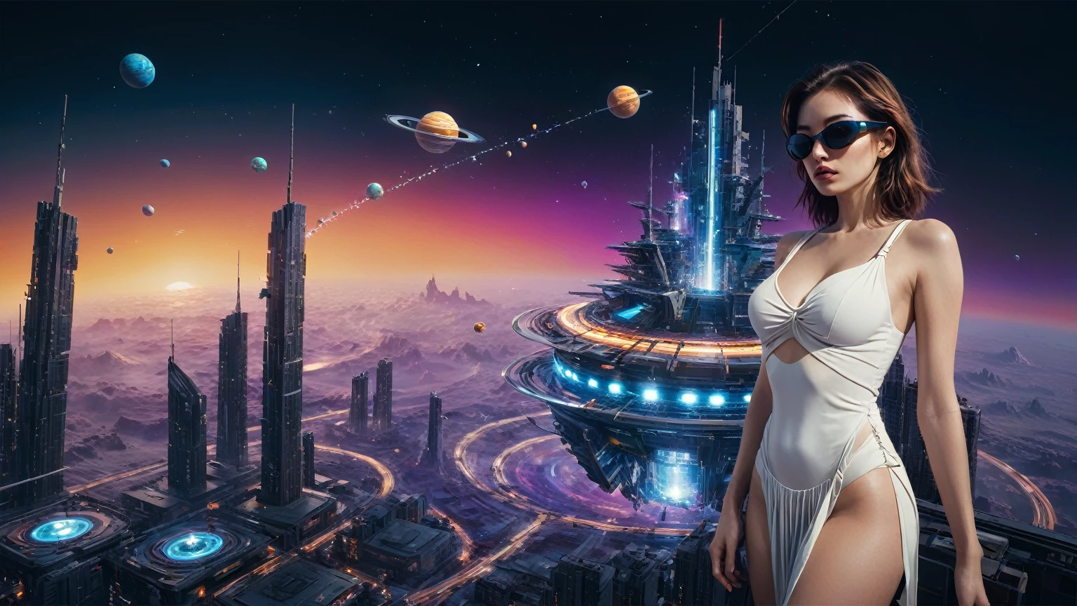 brightly colored abstract image of a space station with a spiral, epic beautiful space scifi, chaotic cinematic space rift, greg beeple, planets colliding, beeple and tim hildebrandt, beeple and jean giraud, end of the universe, galaxy space sci-fi, ringworld, by Mike "Beeple" Winkelmann. Matrix style, (((((Matrix cascading code))))), (((((a futuristic twin tower skyscraper with a unique twisted design))))), (((((OLED GUI interfaces in the building))))), at night, (((((1girl, solo))))), photo realistic, (((large-breast:1.2 slim body, cleavage))), (((off broken mini sling-shirt and black sling bra, extreamly short pleated miniskirt exposing panty))), (((((running pose))))), (((((matrix style black sunglasses))))), ((((((((((aiming with a short gun)))))))))), (((((looking at camera))))), (((very low view))), (((((half-body thigh level medium shot))))), (((cinematic lighting))).