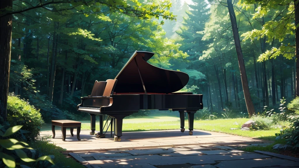 青い紅葉のwoodの下置かれた黒いグランドピアノ、wood々の間からwood漏れ日がキラキラしている、Makoto Shinkai-style anime touch、Deep green forest、1 grand piano