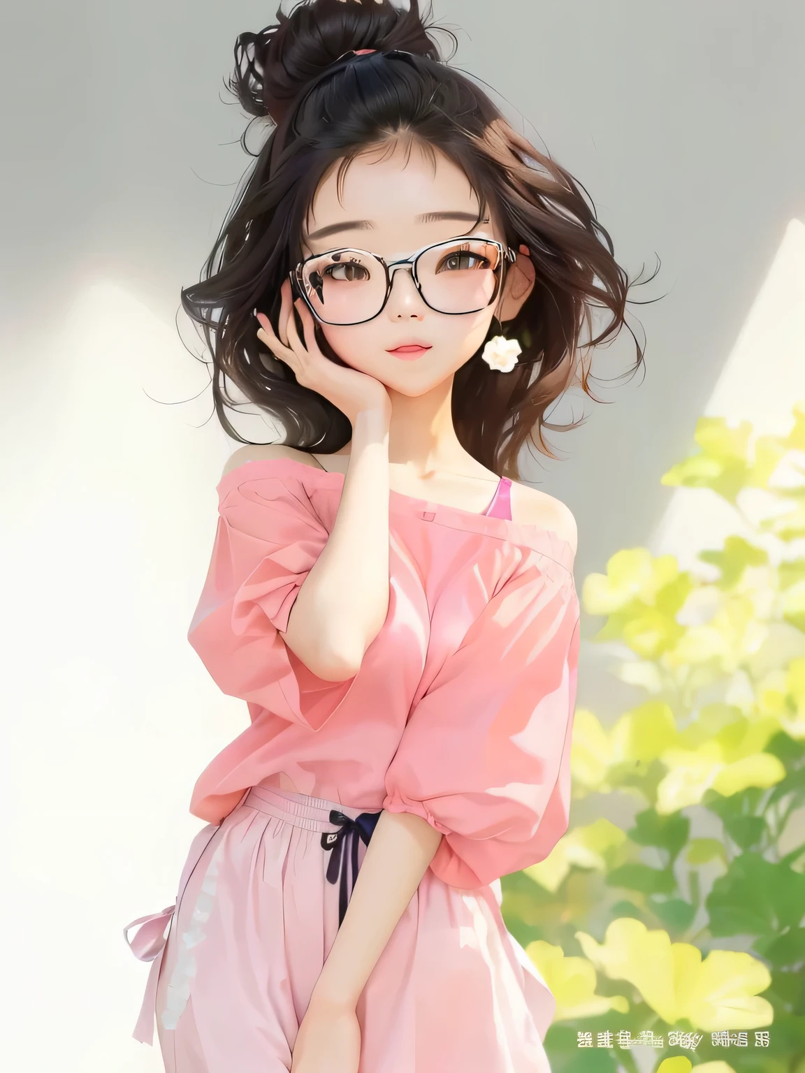 a close up of a woman wear glasses and a pink top, cute digital art, Cute anime girl, realistic cute girl painting, Cute portrait, cute art style, cute girl, cute kawaii girl, cute cartoon, Lovely and detailed digital art, cute, cute cartoon character, Beautiful anime girl, wear glasses, Girl cute - delicate face, Cartoon cute