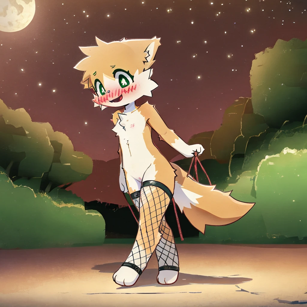 art by dagasi, (solo:1.5), Best Quality, Masterpiece, (Absurdres:), Detailed, Ultra-Detailed, Digital Art, correct anatomy, arms in correct position, full body, (high quality, high res, 4k:1.2), (kid:1.5), (small, youthful), rolo, furry, small, (kid female:1.3), fluffy, light orange fur, green cat eyes, (beautiful eyes), juicy thighs, flushed, embarrassed, small nervous smile, blushing, fluffy tail, eyelashes, slightly enjoying the posing, (naked:1.5), walking through the park, on a very dark night, wearing fishnet stockings, fishnet sleeves