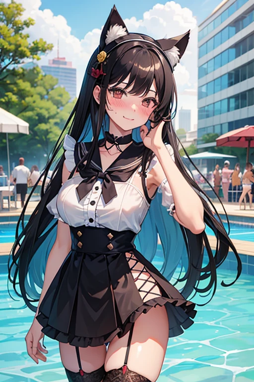 18 yeas old, girl, black hair, long hair, slim, big tits, narrow red eyes, cute, cat ears, (embarrassed,  blush:1.2), (think:1), (smile:1), sailor uniform, See-through, ribbon, fishnet, garter belt, frills, Kneesocks, high heels, blue rose, headdress, frontal, standing, spread legs, crowd, centet of attention, Waterpark 