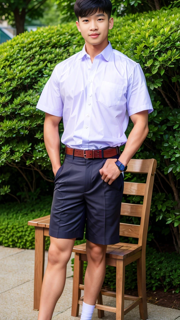 Masterpiece, best quality, High quality, วอลล์เปเปอร์ CG unity 8k ที่มีvery detailed, depth of field, HDR,,photorealistic,very detailed, 1 man sitting on a chair, Asia, black short hair, , (Thai , white shirt), Blue cargo shorts, chest muscles, Big arm muscles, blood vessel, big muscles, Broad shoulders, looking at the audience, Balancing the eyes, (Make eye contact)