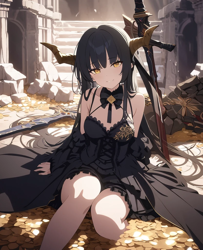 ((Fantasy,masterpiece,Highest quality,High resolution,finely)),(In front of the altar of the ancient ruins、With a nihilistic smile、Leaning on a giant battle axe that was sunk into the ground、A beautiful girl with long black hair and golden eyes,Two dragon horns growing from his head),Shoulders are exposed,Black gothic ta costume with gold embroidery,Composition from the thighs up,The presence of an absolute champion