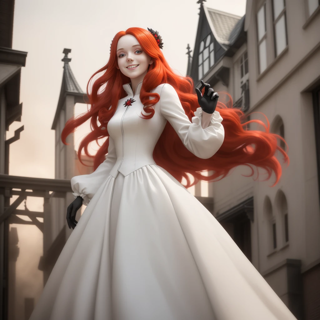 An 8k wallpaper featuring a single girl with long, red hair and red eyes, dressed in a white gown with long sleeves and gloves, adorned with a hair ornament, standing before a building. She is clad in a black jacket, smiling with her hair floating, captured from a Dutch angle, mouth closed, gazing away, set outdoors.