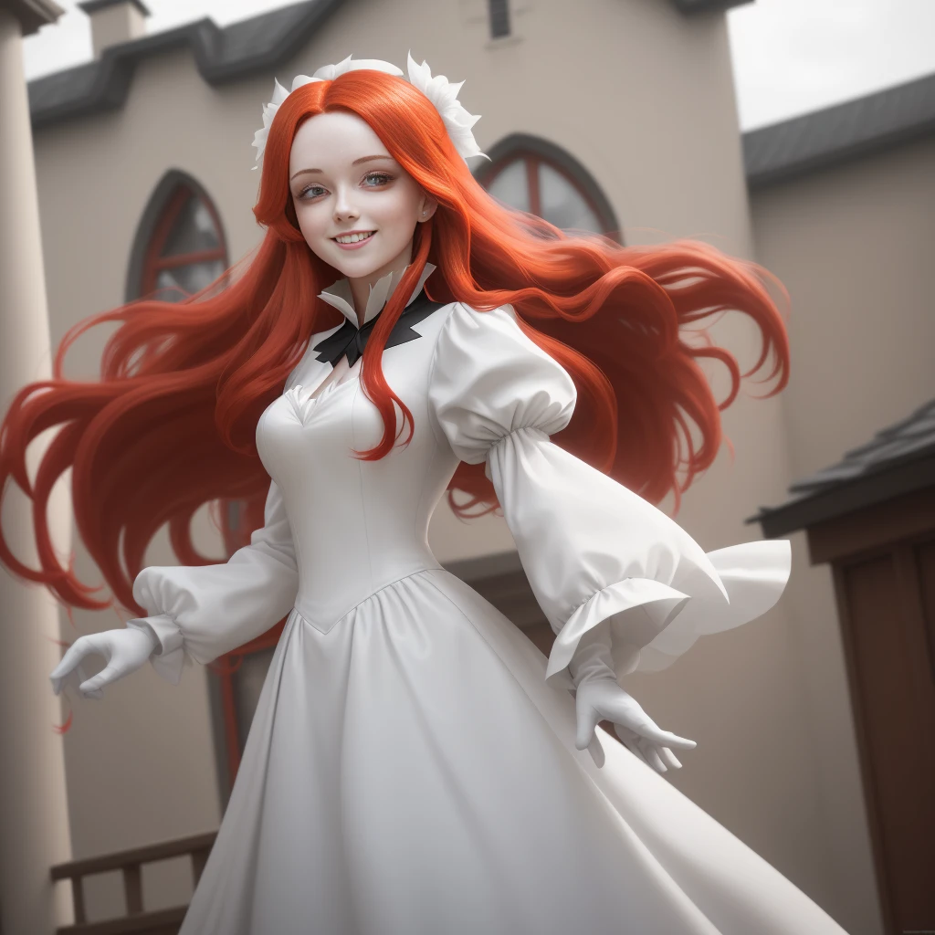 An 8k wallpaper featuring a single girl with long, red hair and red eyes, dressed in a white gown with long sleeves and gloves, adorned with a hair ornament, standing before a building. She is clad in a black jacket, smiling with her hair floating, captured from a Dutch angle, mouth closed, gazing away, set outdoors.