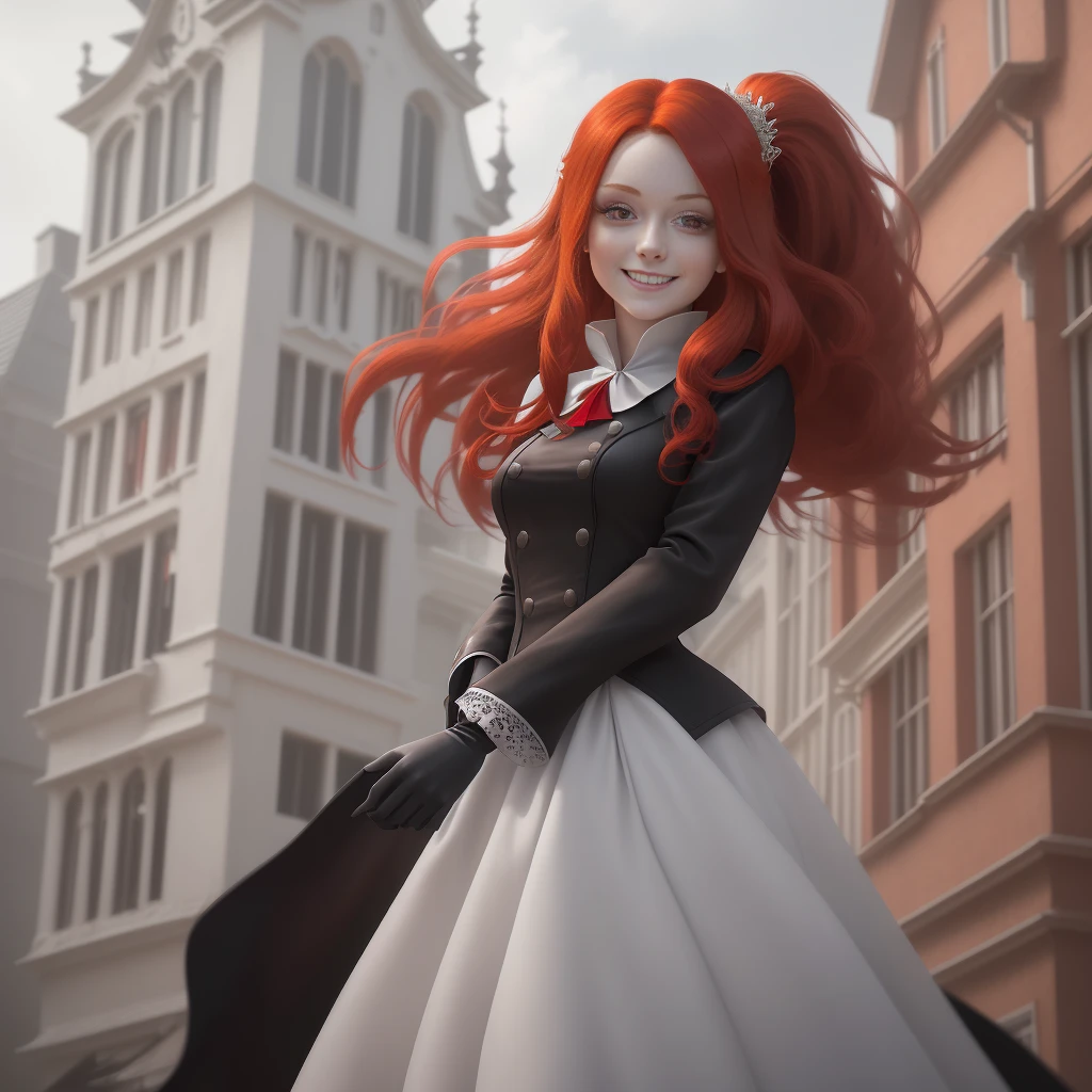 An 8k wallpaper featuring a single girl with long, red hair and red eyes, dressed in a white gown with long sleeves and gloves, adorned with a hair ornament, standing before a building. She is clad in a black jacket, smiling with her hair floating, captured from a Dutch angle, mouth closed, gazing away, set outdoors.