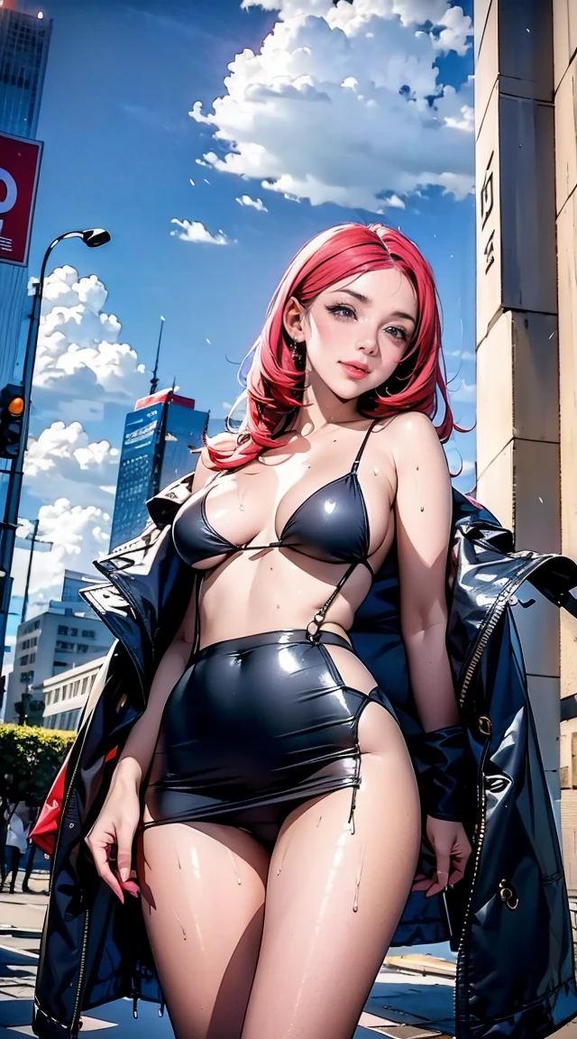 masterpiece,best quality,high resolution, 1 busty thick girl,From below,(The legs are thickn and straight),,(Very long legs,Straight Legs),,High heel,Long legs,stand up, Leg length from the front, Perfect body,Have perfect legs,(bait),whole body女,Cyberpunk Characters,Dynamic poses,1 busty girl,Exquisite eyes,Brown eyes,Eyeshadow,cosmetics,Long gray hair, Delicate face, Delicateeyes, Looking at the audience, Blush Blush\(cosmetics\), Full lips, Red lips,(Long pink hair:1.3), (stand up)Mechanical static,Mechanical Summoning,(Hair accessories:1.1),City,Luminous clockwork,,Cyberpunk Lights:1.1),Small face,Clear face,(Glowing skin:1.5),(Pale skin),Red lips,((Shoulder-length hair)),((Black straight bob)),Slim,Thin,Smile,Happy,(Black bikini top :1.3),(Under the coat is a black hip-hugging dress mini skirt),(Long legs:1.2),(Sheer black suspenders:1.2),(High heel:1.1),(cloudy:1.5),Dim Lights,(permanent:1.5),High-rise buildings,On the commercial street,(whole body:1.2),From the front,(rain:1.5),winter,Day scene,(Close shot:1.2),(Cowboy shooting:1.2),(Snow and mud on the ground),frog,haze,(Wet hair and clothes:1.5)
