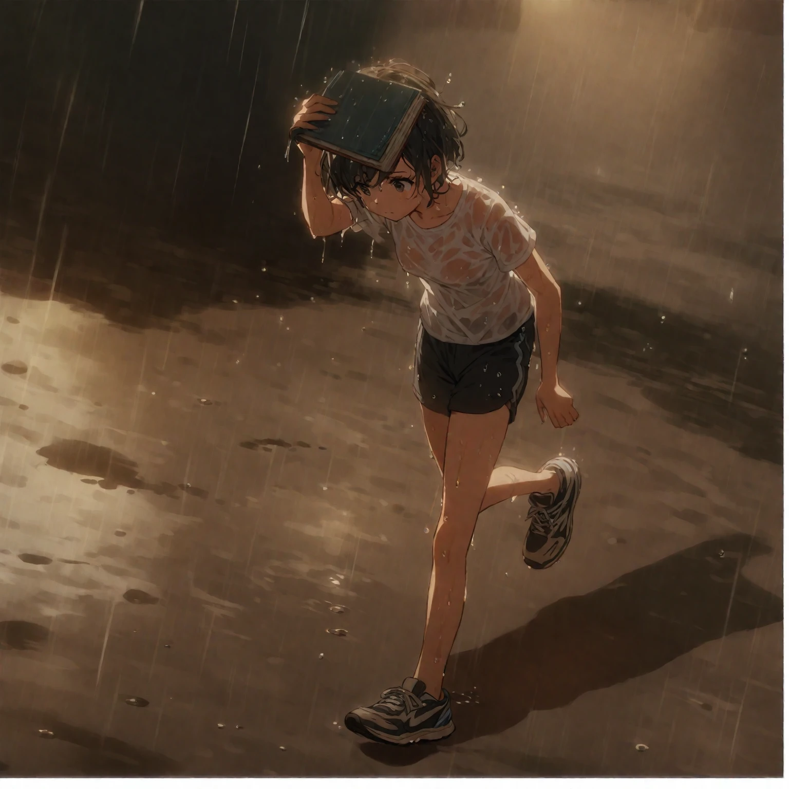 1girl、strobe、Covering head with Closed book, short hair, t-shirt, shorts, sneakers、Closed books , running, rain 、Wet clothes, wet hair, puddles、perfect hands、faint light、deep shadowasterpiece