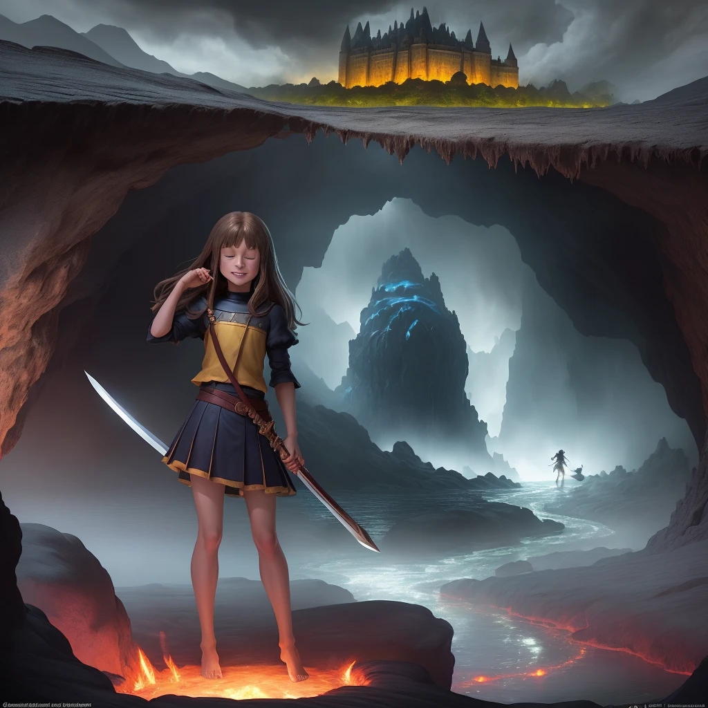 Full-body, Frisk from Undertale, closed eyes,  long brown hair, ((barefoot)), smiling softly, holding a sword, at a lava river inside a cave, big castle on the background, dark skies scene, shadows, shade, masterpiece, best quality, ultra detailed everything, trending on pinterest, ultra hd, sharp focus, digital art