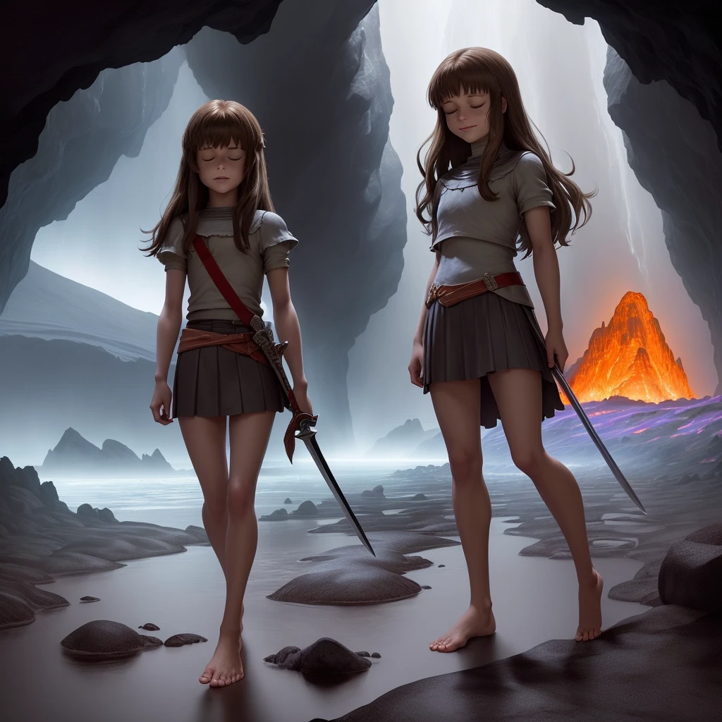 Full-body, Frisk from Undertale, closed eyes, long brown hair, ((barefoot)), smiling softly, holding a sword, at a lava river inside a cave, big castle on the background, dark skies scene, shadows, shade, masterpiece, best quality, ultra detailed everything, trending on pinterest, ultra hd, sharp focus, digital art