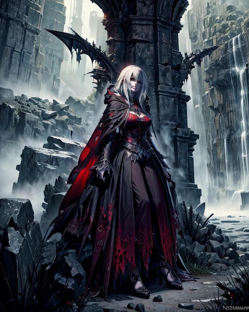 (best quality), (masterpiece), (high resolution), [:intricate details:], (detailed background) Ashely Graham, a hooded woman sitting on a throne with skulls around her, she has red eyes,her outfit has red color, her skin is white like a vampire, dark fantasy art, vampire queen, gothic fantasy art, dark sorceress, dark fantasy style art, epic fantasy art style hd, evil sorceress, necromancer sorceress, dark fantasy art, beautiful necromancer, (sage aura effect around the throne)