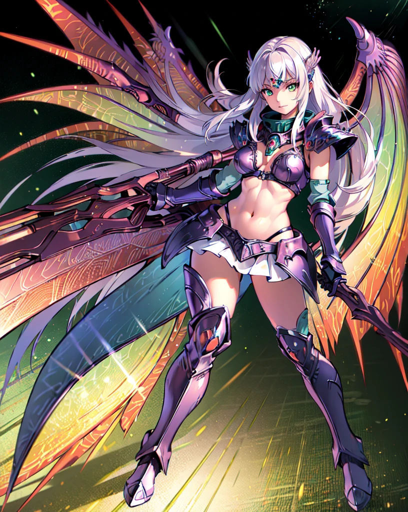 best quality, soft light, ultra high res, (photorealistic:1.4), RAW photo, 1japanese girl, solo, (pupil, lights in the eyes), (detailed beautiful face, perfect face), (large chest), (long hair), indoor, rainbow eyes, silver hair, bikini armor, unconvincing armor, cleavage, wide hips, (wings, hip wings, large wings, dragon wings), scythe, holding weapon, armored gloves, shoulder gloves, armored boots, thigh highs, micro skirt, exposed stomach, crop top, (ideal body proportions), pale skin, 18-year-old woman, sheer clothing, waste cape, underboob, high heels, stilettoes