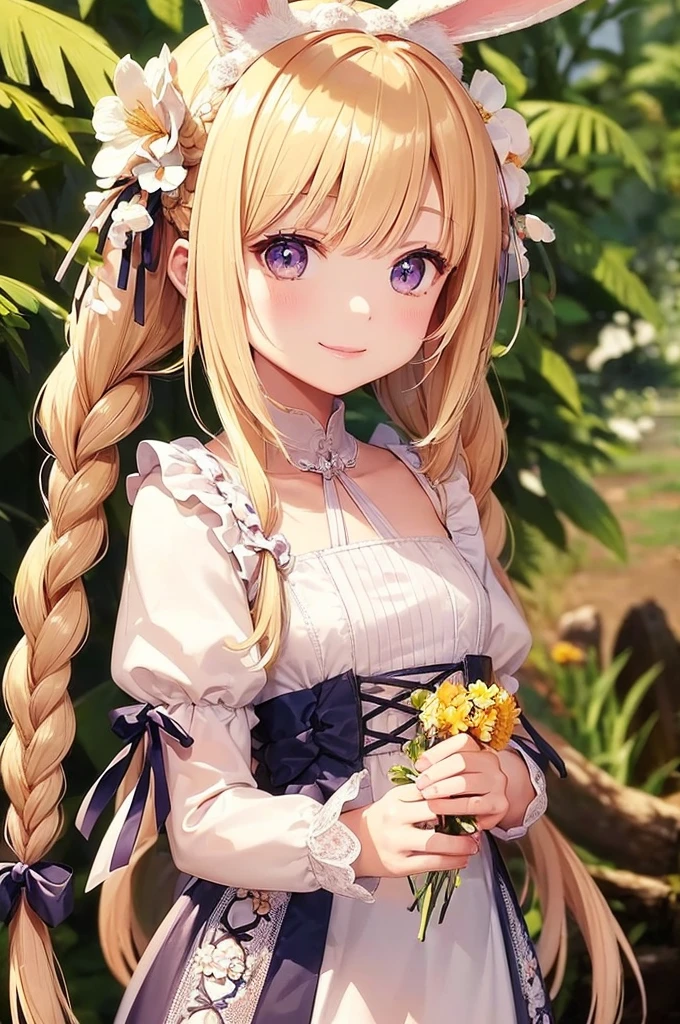 1girl, solo, long hair, looking at viewer, smile, bangs, blonde hair, hair ornament, holding, animal ears, light blonde eyes, upper body, braid, flower, hair flower, bunny ears , twin braids, lips, animal, watermark , rabbit, head crown, holding animal, flower crown