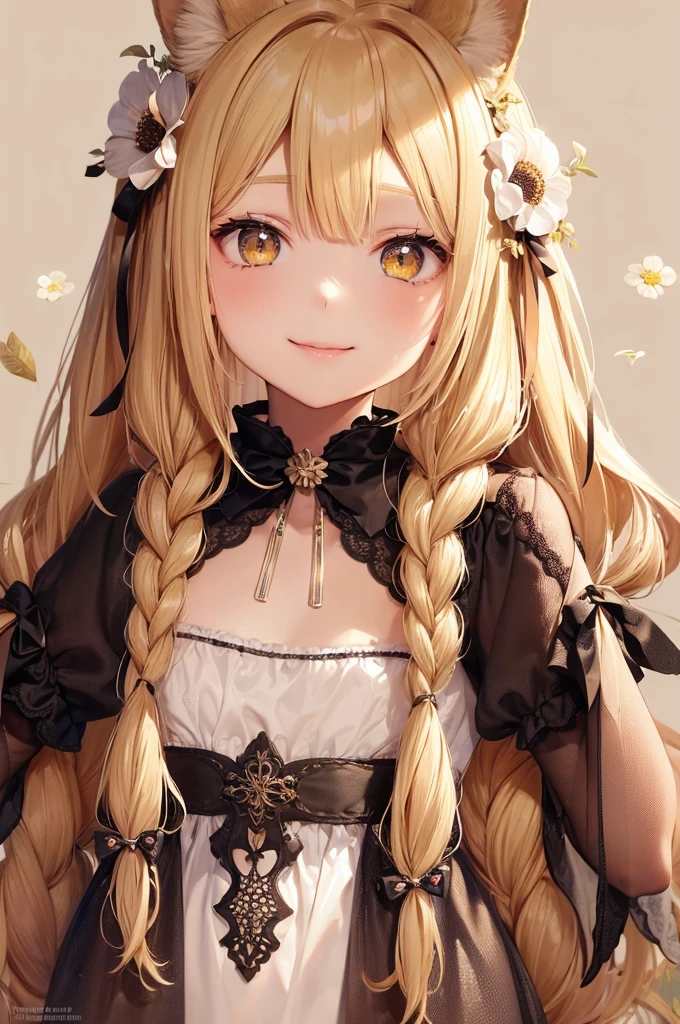 1girl, solo, long hair, looking at viewer, smile, bangs, blonde hair, hair ornament, holding, animal ears, light blonde eyes, upper body, braid, flower, hair flower, bunny ears , twin braids, lips, animal, watermark , rabbit, head crown, holding animal, flower crown