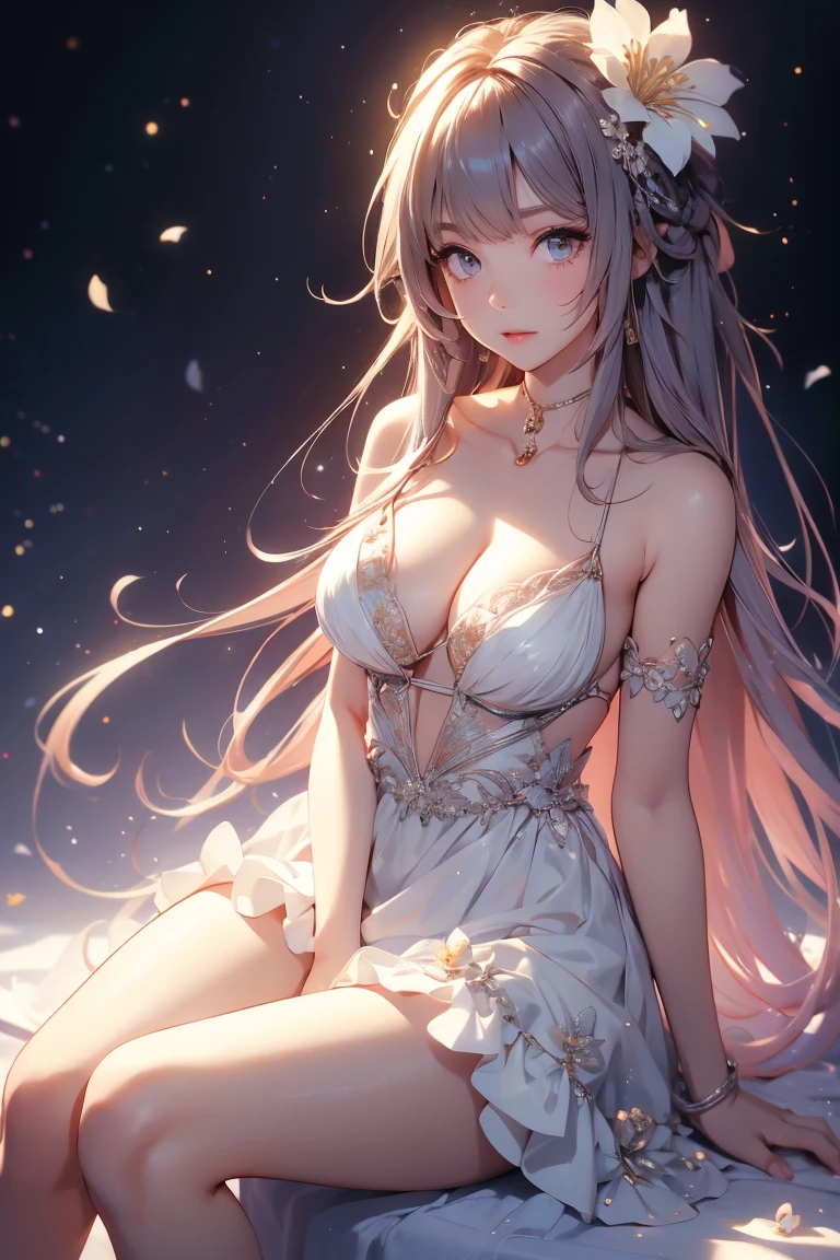 , One girl, alone, Long Hair, chest, dress, large chest, Sitting, View Viewer, white dress, Exposing shoulders, Bedroom Background, No sleeve, hair ornaments, Thighs, No sleeve dress, bangs, flowerを持つ、 Simple Background, flower, Pelvic Curtain, Bare arms, Holding f hair flower, flowerびら, Mouth closed, Holding