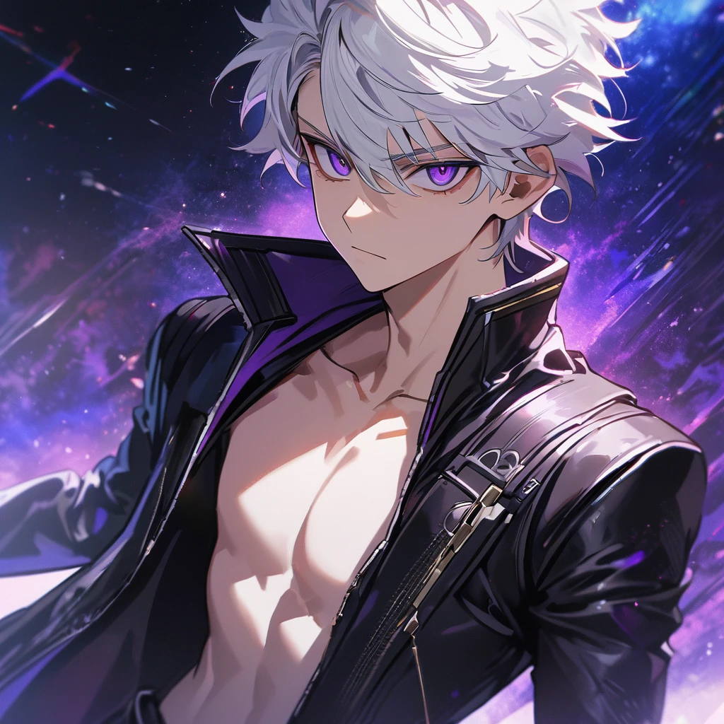 High quality, HD, 4k, handsome male, 1male, 17 years old, teenager, golden lining, short white hair, sharp eyes, dark purple eyes, deep purple eyes, devil may cry, close up, calm expression, stoic expression, black leather clothes, lean body, upper body, looking at viewer, cowboy shot, white solar, space background