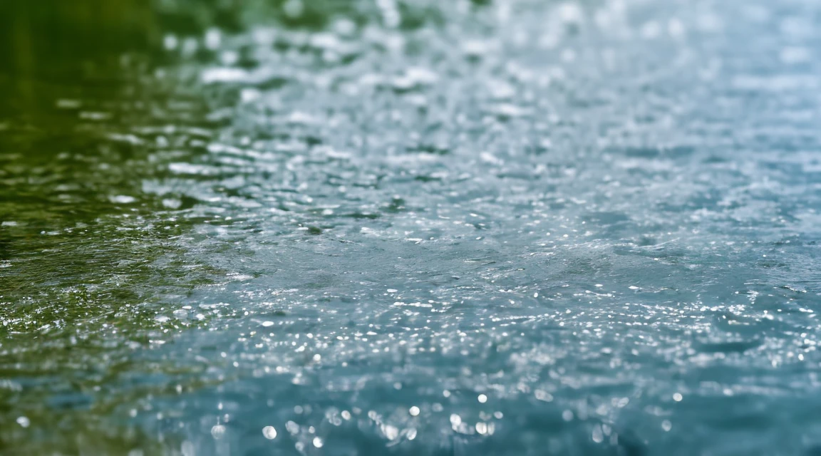 A lot of rain on the smooth surface of the water and it keeps falling, (Photographic, Best Quality, High Quality, Highres:1.4), Detail, Highly Detailed, Ambient Soft Lighting, 4K, Background, Depth of Field,
