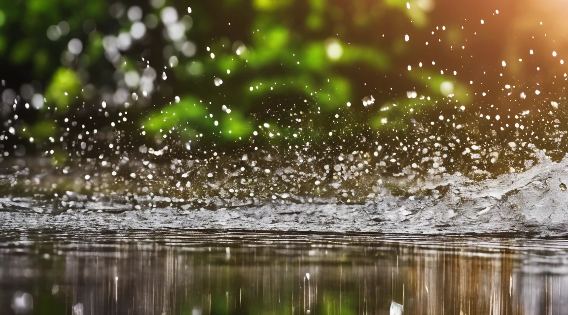 A lot of rain on the smooth surface of the water and it keeps falling, (Photographic, Best Quality, High Quality, Highres:1.4), Detail, Highly Detailed, Ambient Soft Lighting, 4K, Background, Depth of Field,