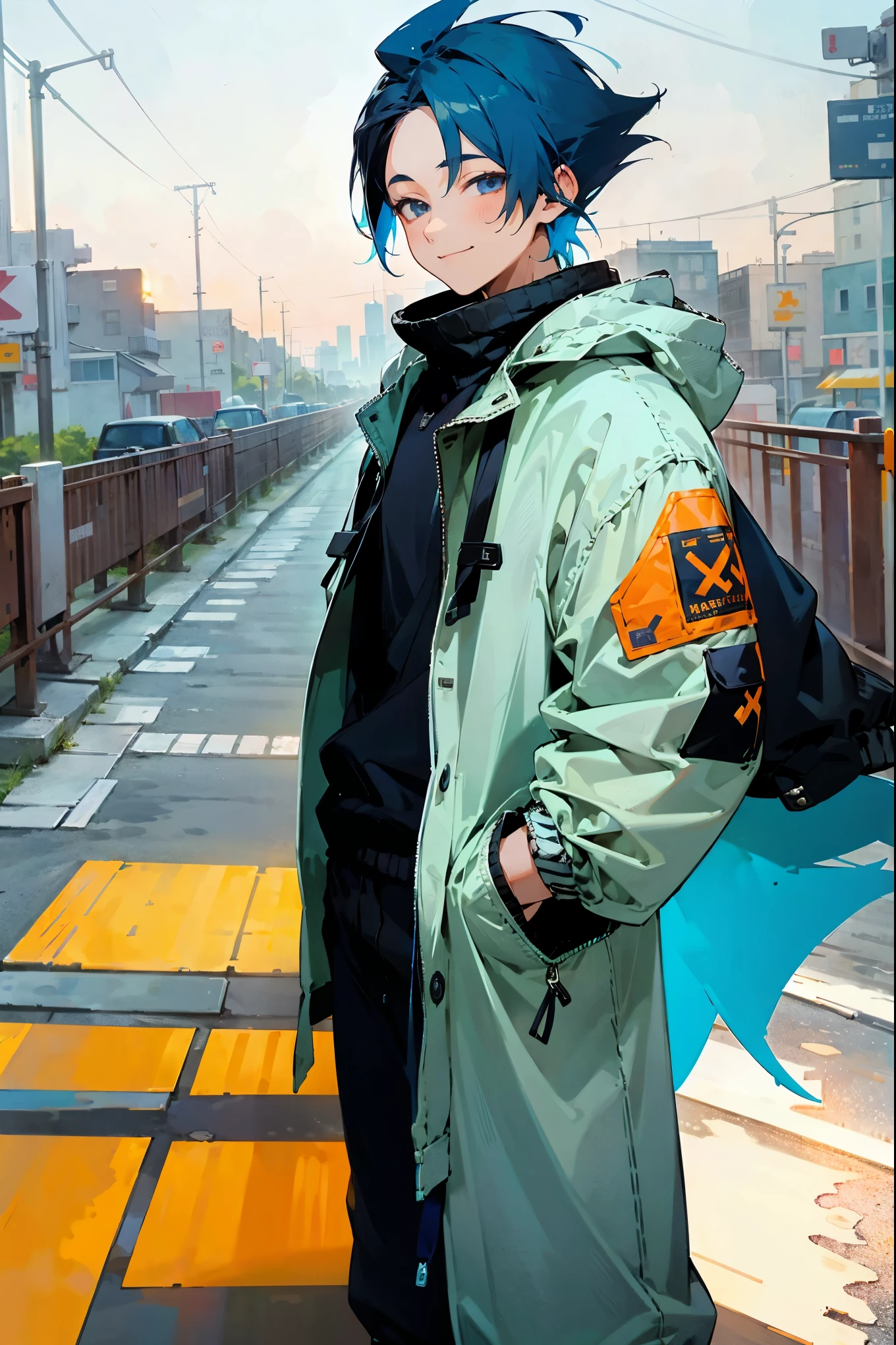 1male, blue hair, black hair, half color hair, smiling, open jacket, baggy joggers, city background, detailed background, hands to side, standing on path