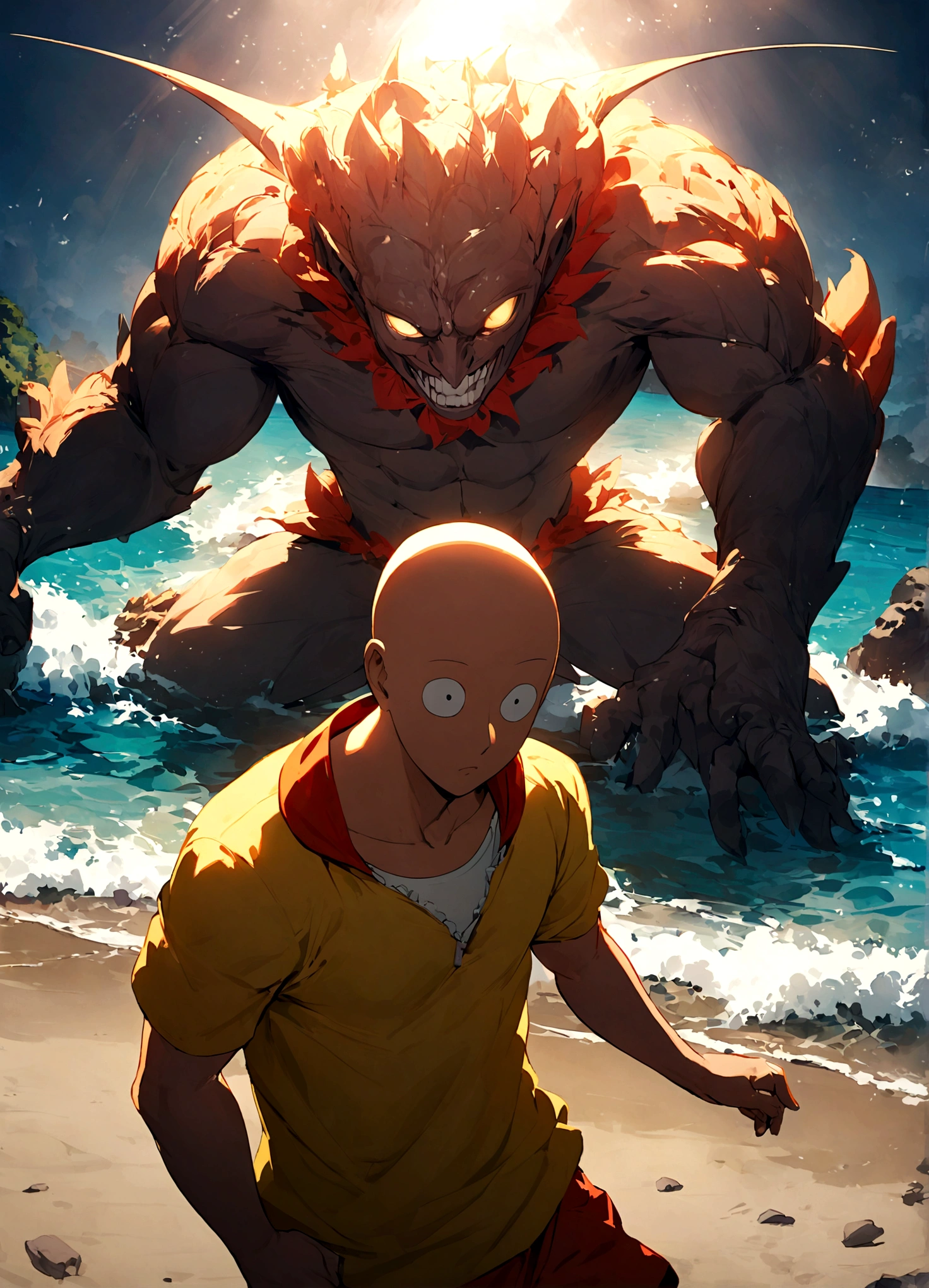 Saitama, dressed like a beach bum, is trying to enjoy a day at the beach when Kaiju begin emerging from the sea
