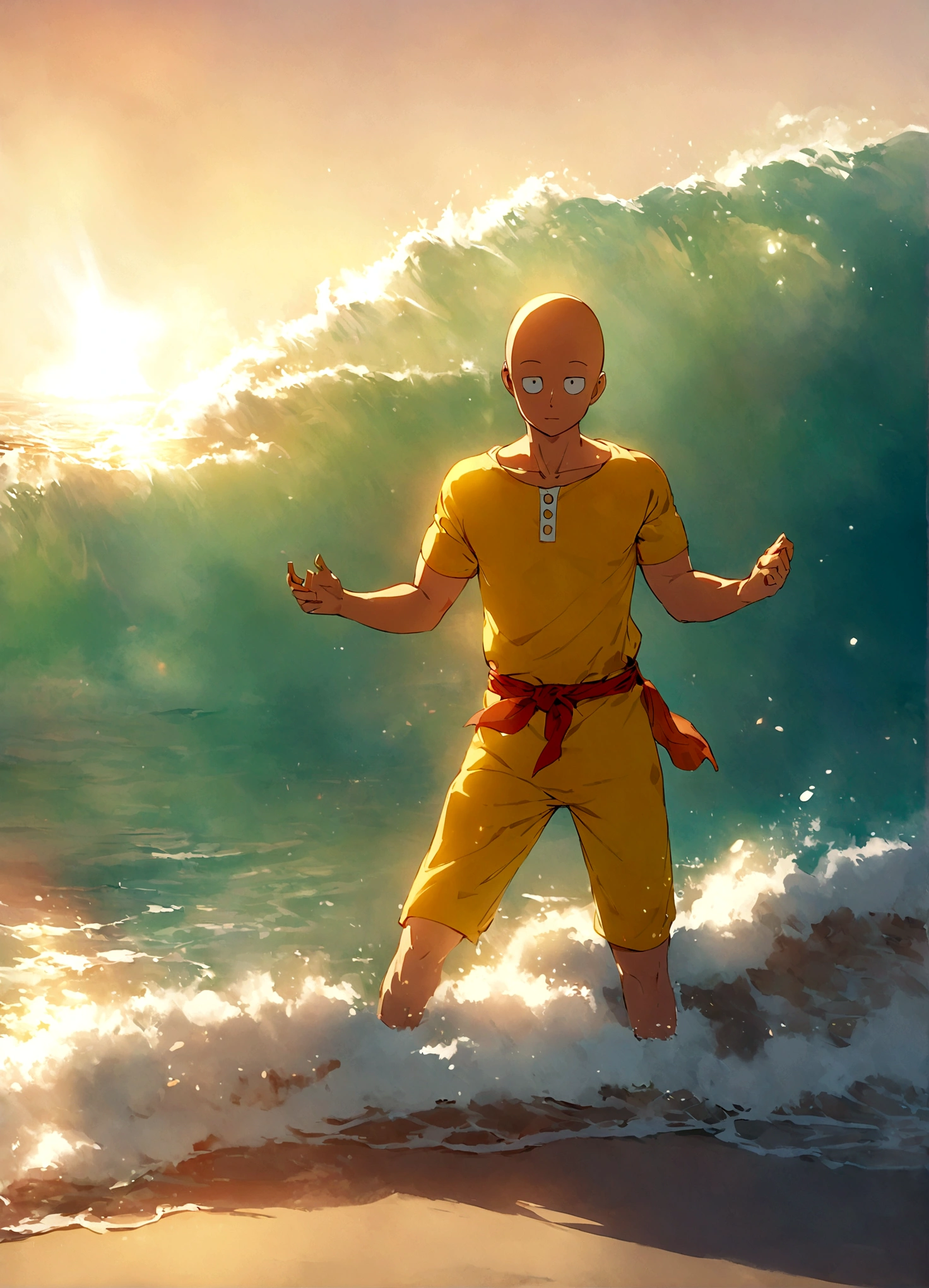 Saitama, dressed like a beach bum, is trying to enjoy a day at the beach when Kaiju begin emerging from the sea