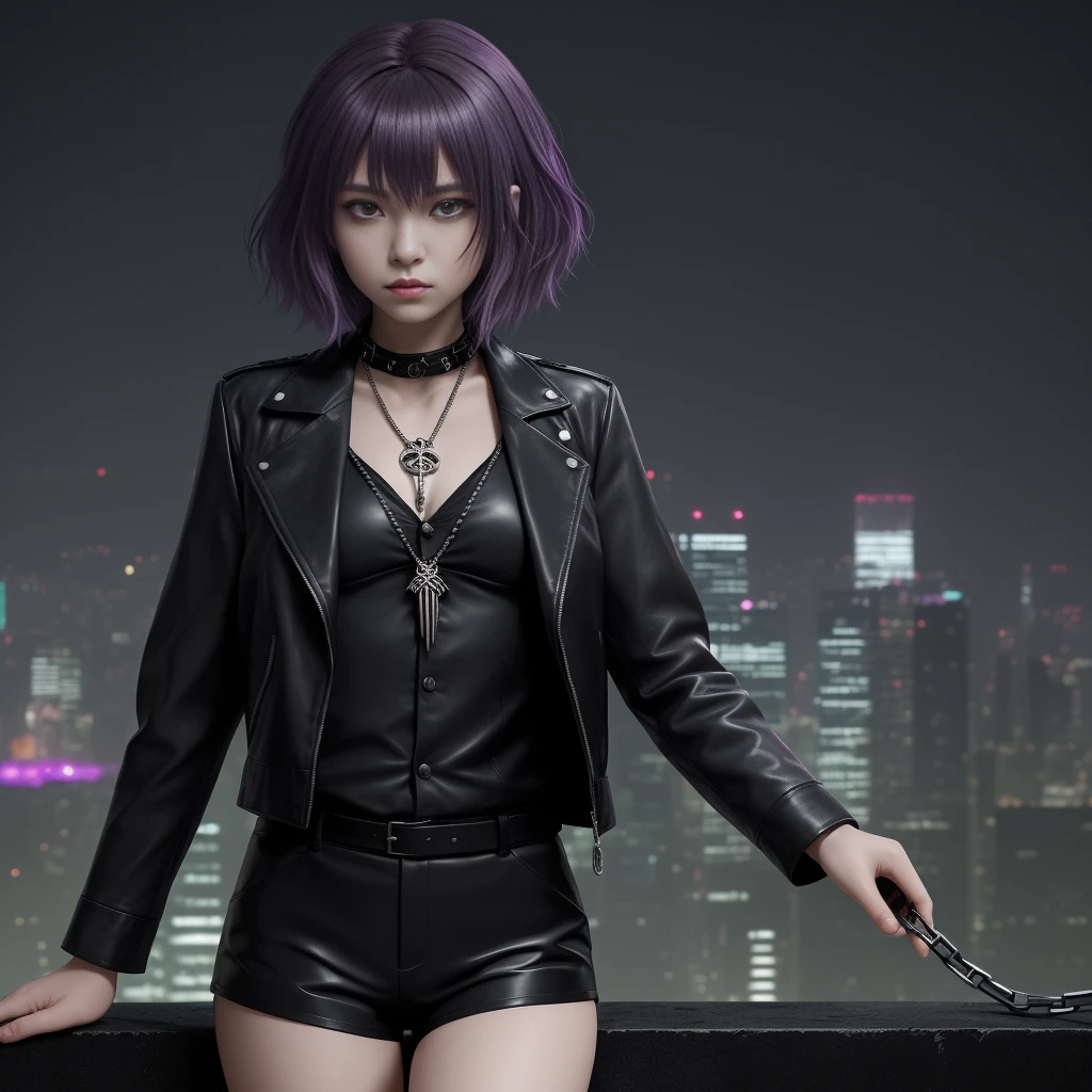 A single girl, depicted in a solo portrait, is the focus of this official art piece. The image is an 8k resolution wallpaper that showcases an ultra-detailed close-up of her face. It's a beautiful and aesthetic representation, truly a gorgeous masterpiece of the highest quality. The atmosphere is fantastic, with a calming color palette and a quiet mood enhanced by soft shading. She embodies a priestess named Miko, complete with a charm spell and a family talisman, fulfilling her priestess duties. The dark aesthetic is complemented by her attire—a suit and tie paired with black leather shorts adorned with numerous chains, and a black leather jacket. The backdrop features the cityscape of Tokyo, while her messy short purple hair adds a touch of chaos to the serene composition.
