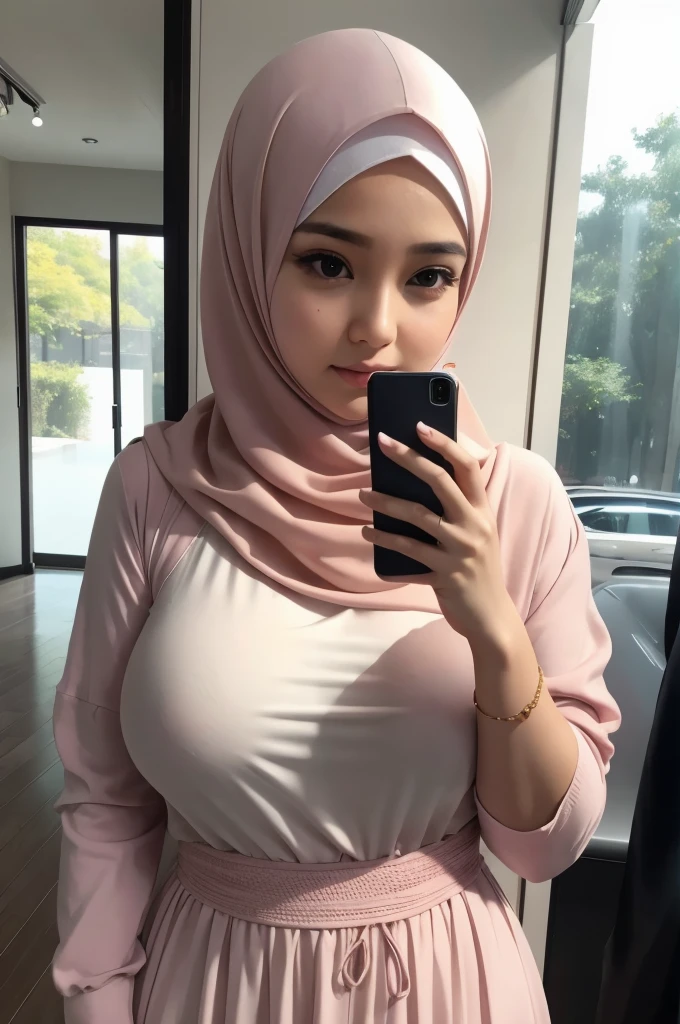 medium shot there is a woman big breasts taking a selfie with her cell phone, white hijab, with accurate face, pink dress lovely woman, very beautiful girl, profile pic, real ungine, handsome girl, malaysian, very low quality, with lovely look, attractive girl, leaked, sakimi chan, she is facing the camera, she has a cute face, picture, very clear picture realistic
