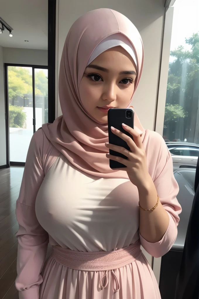 medium shot there is a woman big breasts taking a selfie with her cell phone, white hijab, with accurate face, pink dress lovely woman, very beautiful girl, profile pic, real ungine, handsome girl, malaysian, very low quality, with lovely look, attractive girl, leaked, sakimi chan, she is facing the camera, she has a cute face, picture, very clear picture realistic