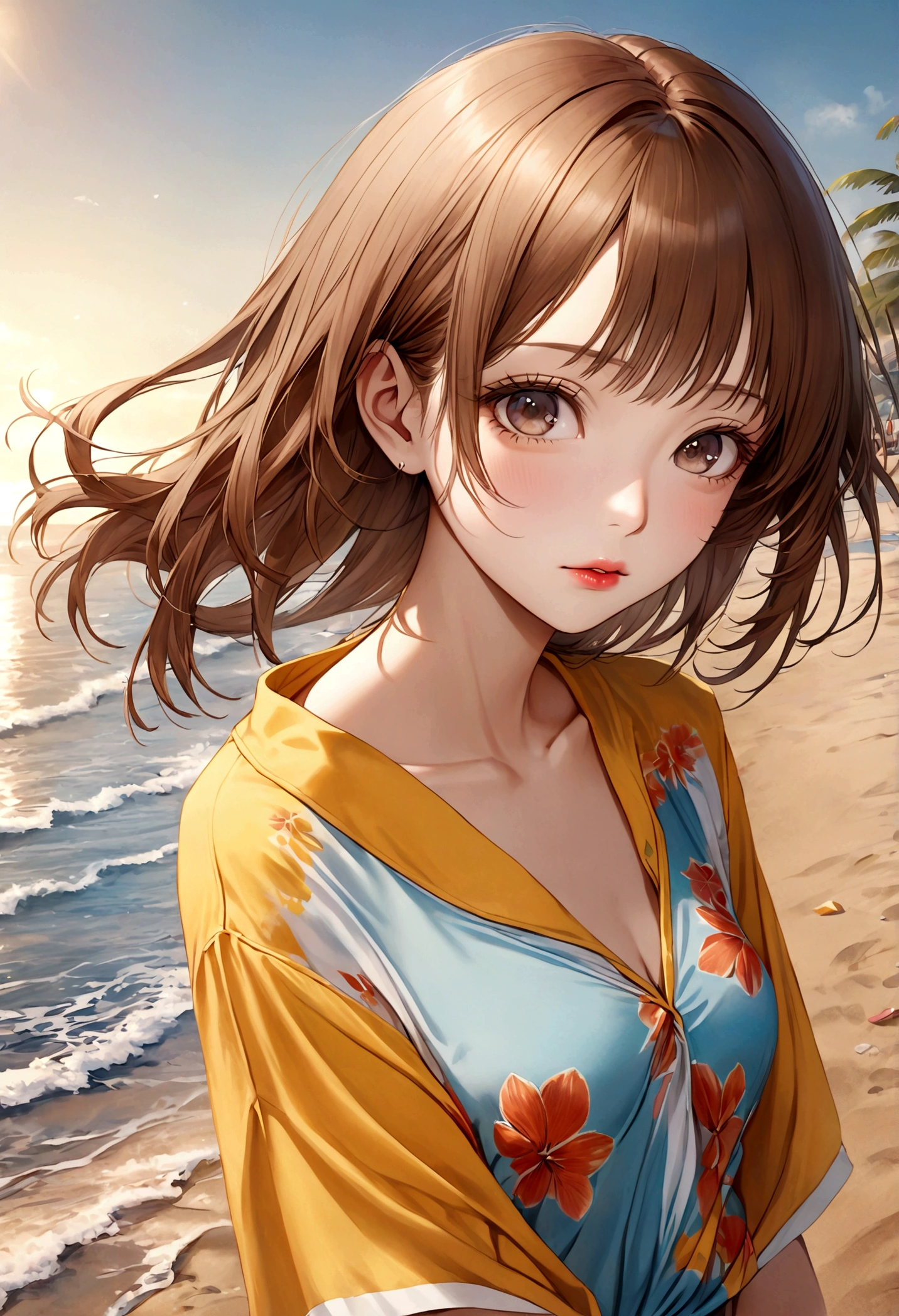 (Saitama in casual beachwear, Beautiful fine details, Beautiful lip detail, Highly detailed face, Long eyelashes), Relax on the beach, Brown Hair, Realistic, photoRealistic, highest quality, 8k, High resolution, masterpiece, Super detailed, Vibrant colors, Cinema Lighting, Dramatic atmosphere, Concept Art Style
