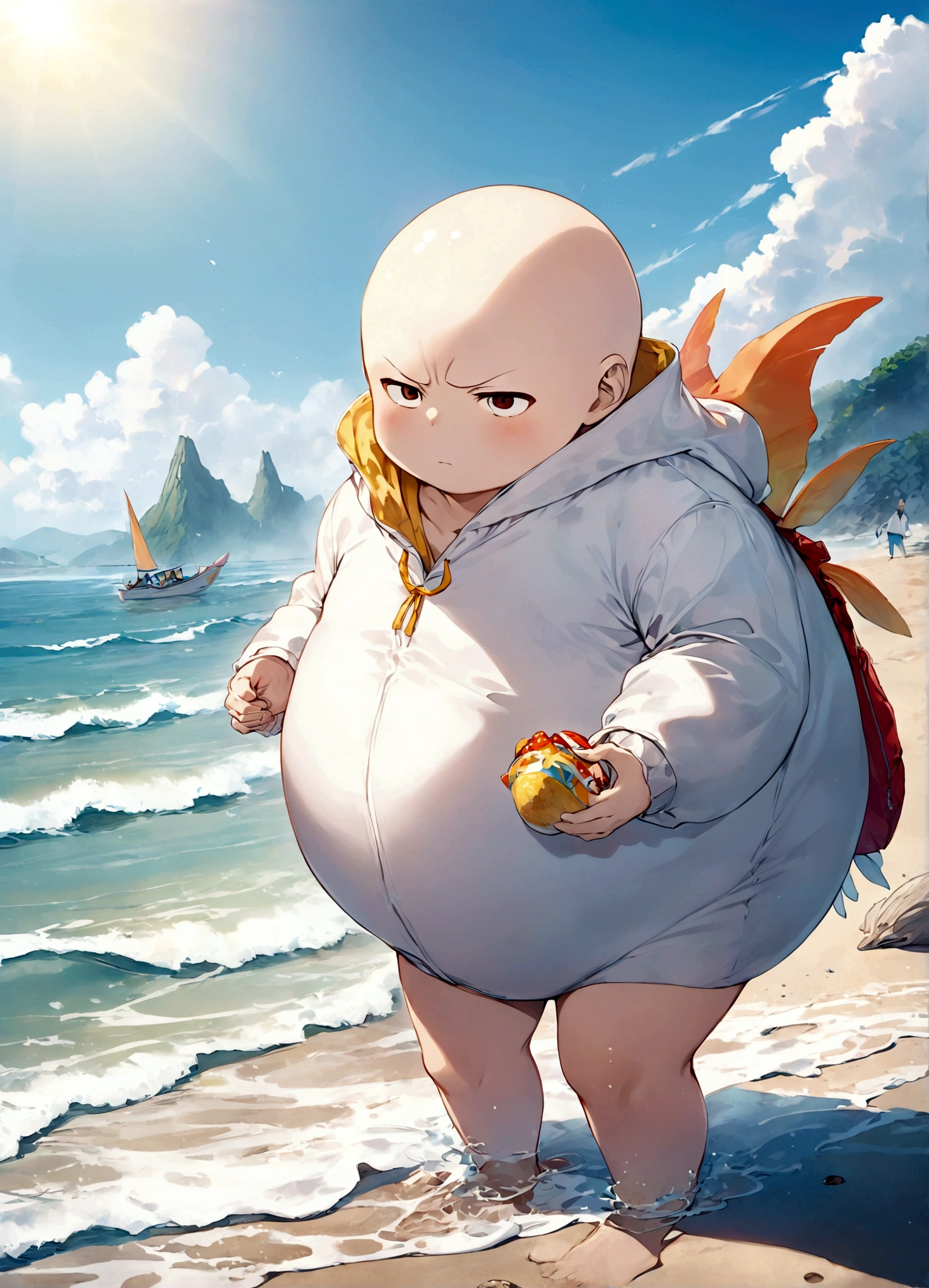 Saitama, dressed like a beach bum, is trying to enjoy a day at the beach when Kaiju begin emerging from the sea