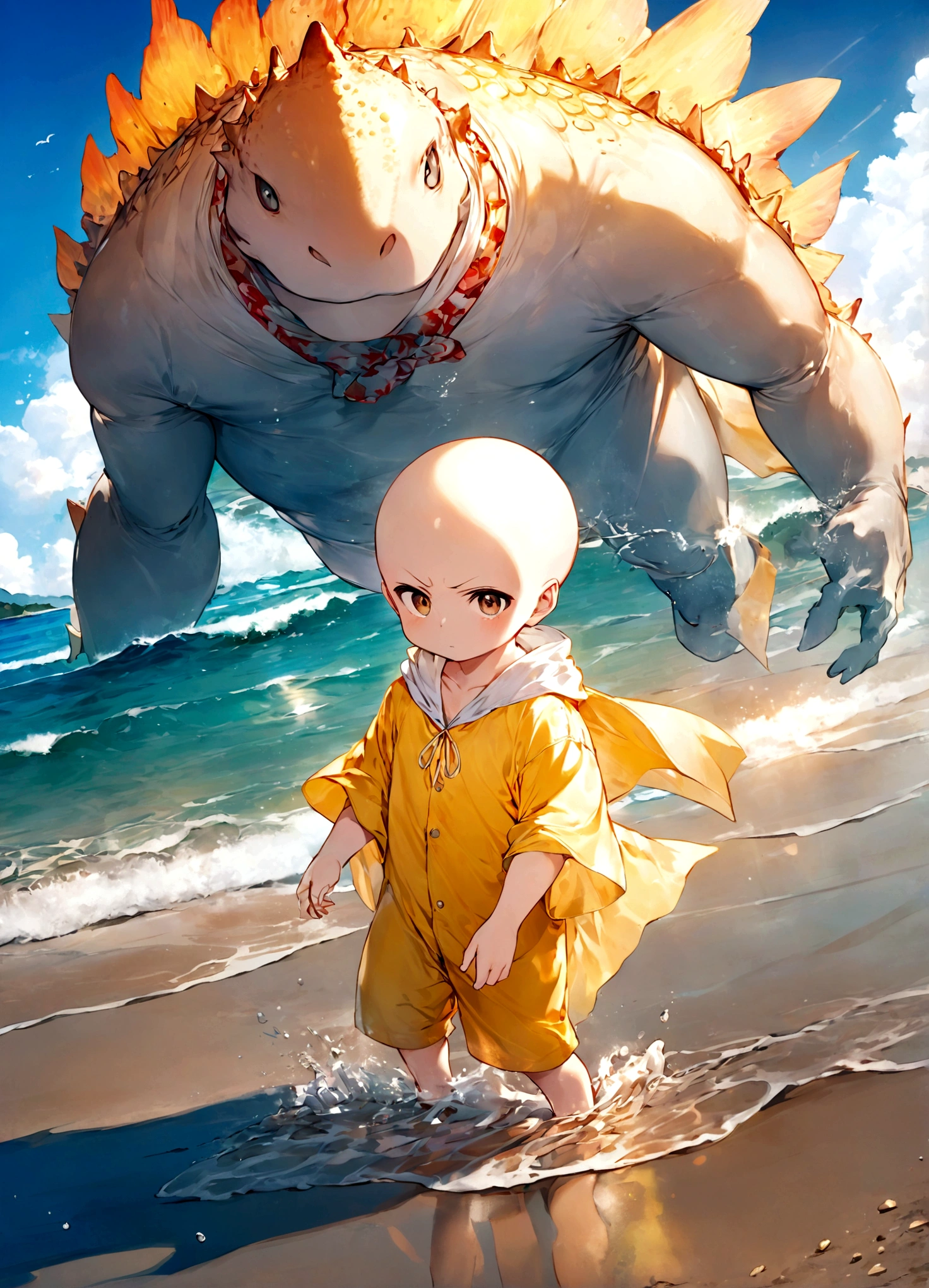 Saitama, dressed like a beach bum, is trying to enjoy a day at the beach when Kaiju begin emerging from the sea