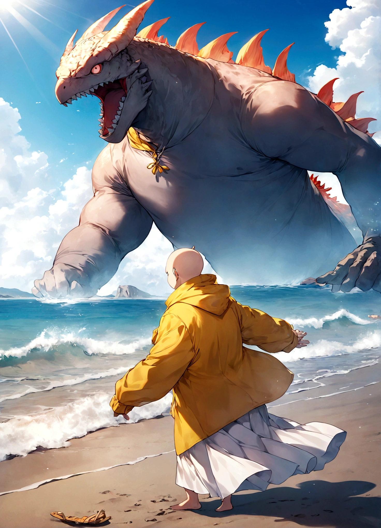 Saitama, dressed like a beach bum, is trying to enjoy a day at the beach when Kaiju begin emerging from the sea