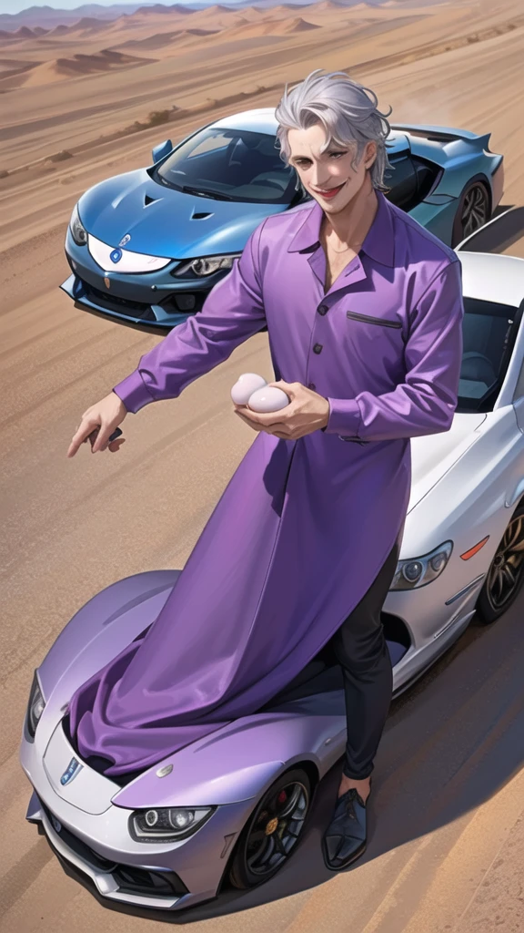 Portrait of a man in his 40s、standing、silver hair、the joker、purple dress , smile , Long body、 、desert background、(holding eggs:1.1) , (drive a car:1.5)