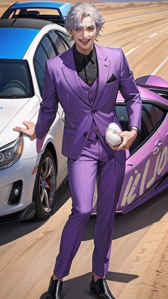 Portrait of a man in his 40s、standing、silver hair、the joker、purple dress , smile , Long body、 、desert background、(holding eggs:1.1) , (drive a car:1.5)
