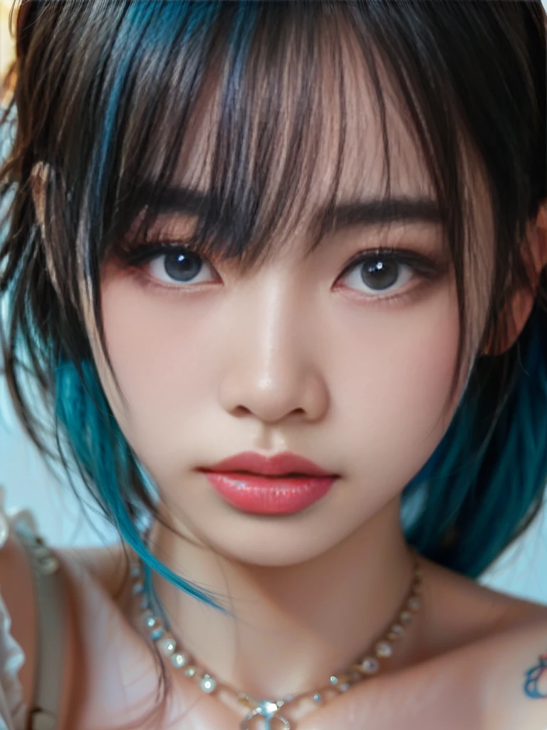 masterpiece, 最high quality, high quality, Very detailed CG uniform 8k wallpaper, One girl, alone, Blue Hair, tattoo, short hair, Have, jewelry, smile, necklace, Looking at the audience, Have, Realistic, Open your mouth, teeth, Upper Body, Best, nose, Exposing shoulders, artist name, Black tiara, clavicle, arm tattoo, blue eyes, lips, Blur, oil, Award-winning photography, Bokeh, Depth of written boundary, High resolution, bloom, chromatic aberration, realism, Very detailed, artステーション 複雑, High detail, dramatic, art：Mid Journey