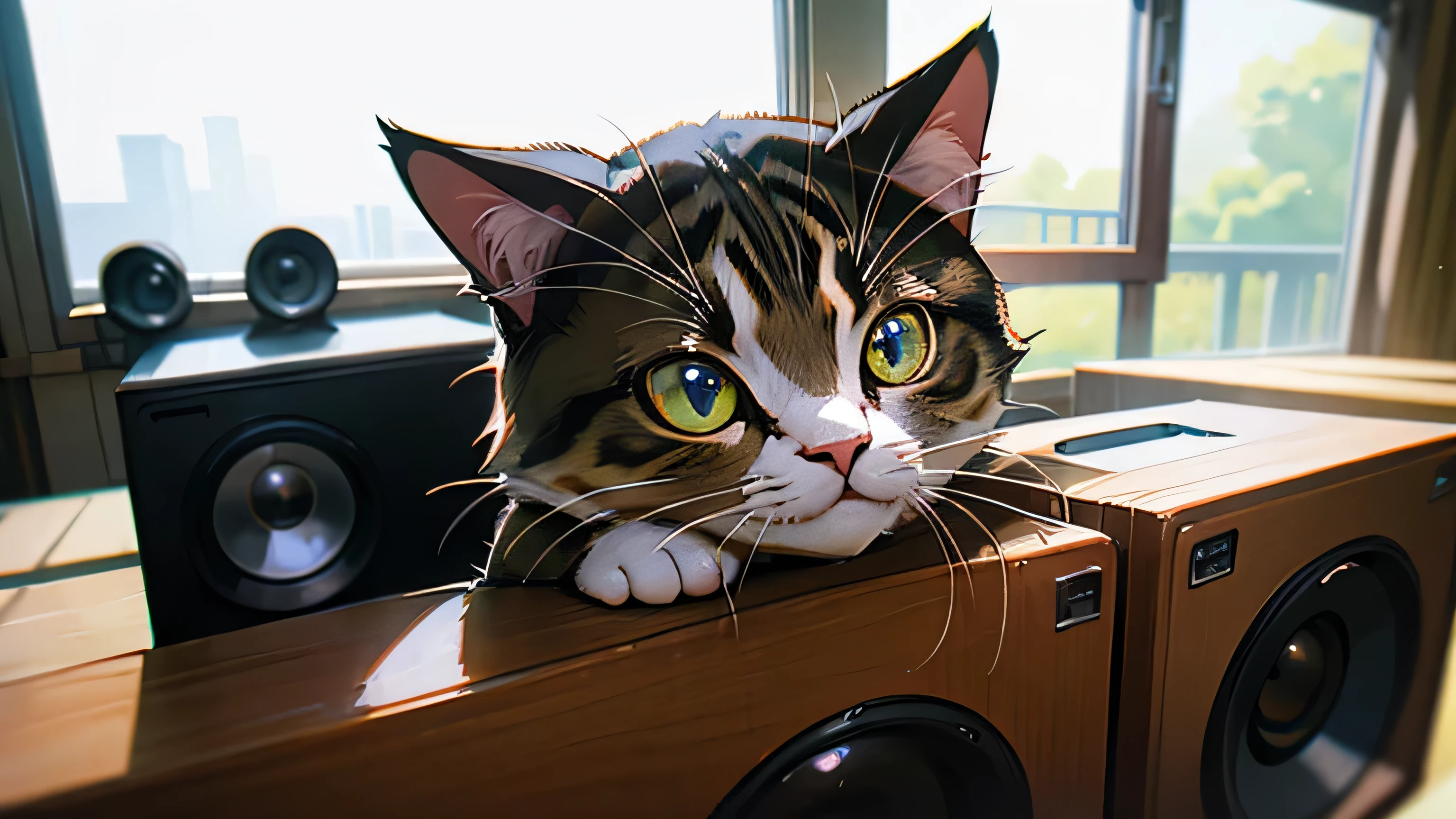 Room with speakers、Real Cat、Upper body close-up、noon