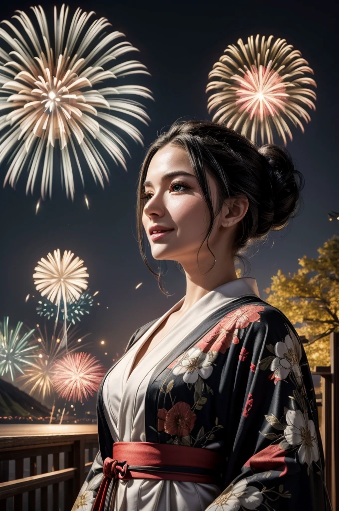 masterpiece, best quality, extremely detailed, hyperrealistic:1.1, photorealistic, a beautiful 20s russian model, ultra detailed face:1.1, white japanese yukata, black kimono cardigan, half updo, black hair, fireworks festival, detailed fireworks:1.1, fireworks burst in a multitude of vibrant hues, each explosion is intricately detailed with sparks and captivating rails, the night sky is clear and the stars twinkle in the background, medium shot, laughing