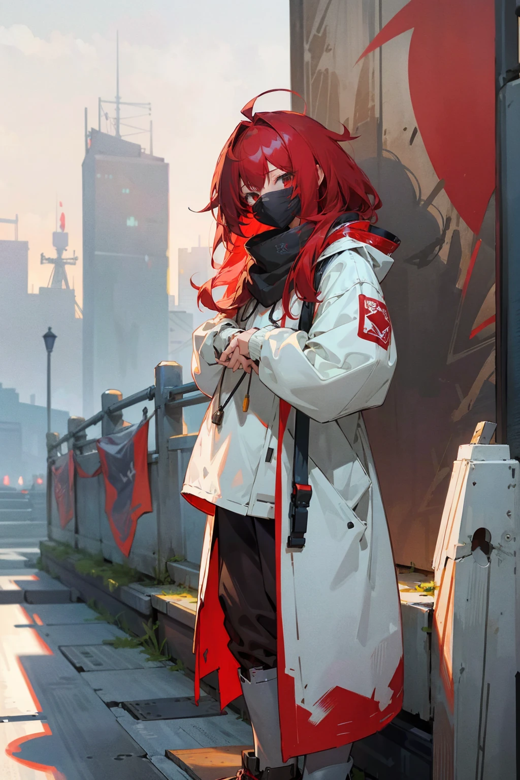 1female, shaggy hair, red hair, messy unbrushed hair, white mask, baggy clothing, city background, detailed background, hands to side, standing on path