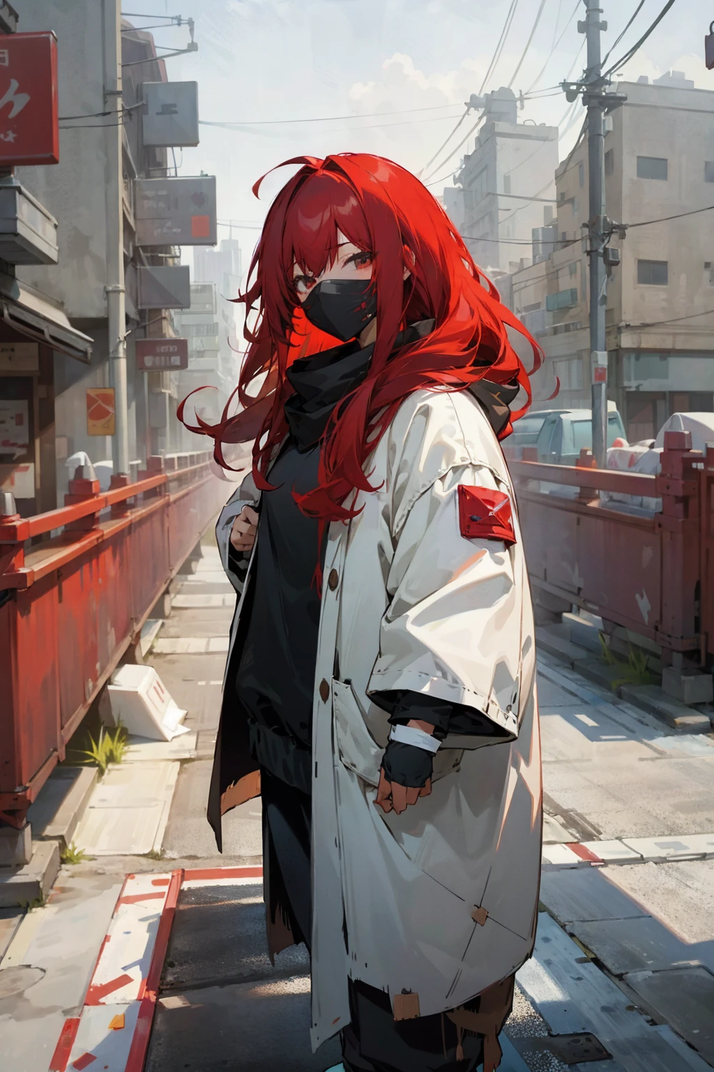 1female, shaggy hair, red hair, messy unbrushed hair, white mask, baggy clothing, city background, detailed background, hands to side, standing on path