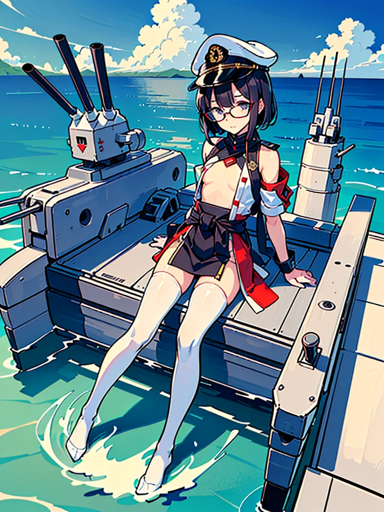 ((((Full body of a woman with perfect flat chest、Short unkempt black hair、white military jacket、Miko costume、tights、Black glasses、White military cap、Cloudy eyes、Sleepy expression)))), (((masterpiece))), (((Shipgirl))), (Another Woman、Long, messy purple hair、Big Breasts、Hold on to her、Being drunk), ((Floating on the morning sea with both feet)), (Spread your legs wide open), (Hold the turret with your right hand), (Mechanical arms extending from the waist are used to equip the ship with battleship equipment.), (Equipped with a turret on the back), (Holds the turret with his left arm), Torpedo tubes on thighs, Spreading the Machine&#39;s Wings, Machine tail,  shotgun, 